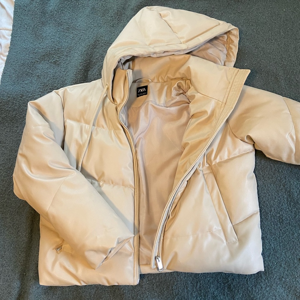 Cream leather puffer jacket with hood
